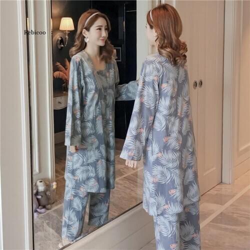Cotton Robes Sets for Women New Autumn Winter Fashion Long Sleeve Pajama Femme Flower Print Bathrobe Homewear Home Clothing