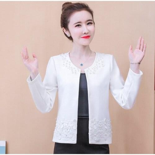 Faux Suede Jacket Women Open Stitch O Neck Pearl Beaded Outerwear Autumn Winter Lady Coat High Street Plus Size Applique Anorak