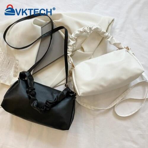 Fashion Women PU Leather Solid Color Pleated Shoulder Crossbody Messenger Bag Casual Ladies Small Purse Handbags