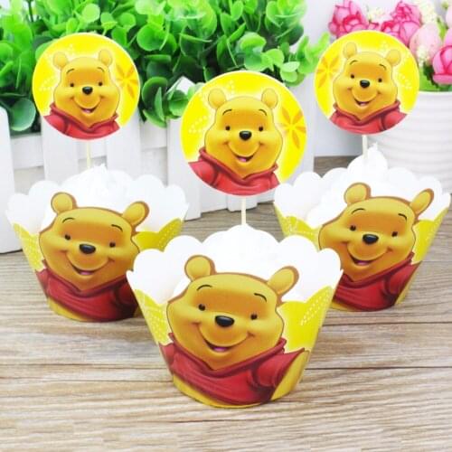24Pcs Cute Cartoon Winnie Cupcake Wrappers Cake Toppers Wedding Decoration Inserts Card Baby Shower Birthday Party Supplies