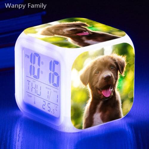 2021New Super Cute Dog Alarm Clock 7 Color Glowing LED Digital Clock Kids Birthday Gift Multifunction Touch Sensing Alarm Clock