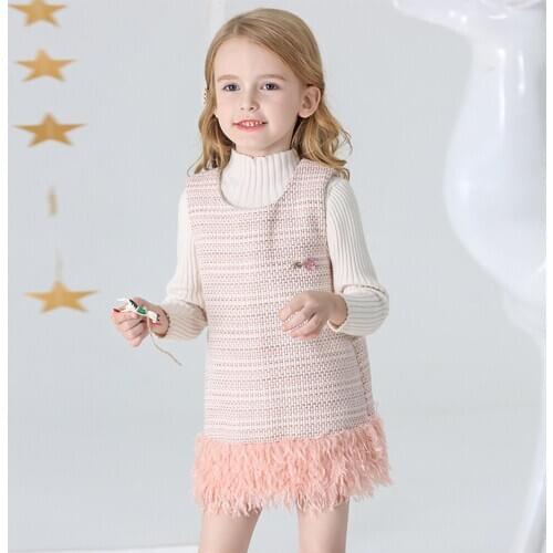 2021New Spring Little Incense Princess Vest Feather Patchwork Jumper Princess Skirt Childrens Dress Fashionable A-Line Dress