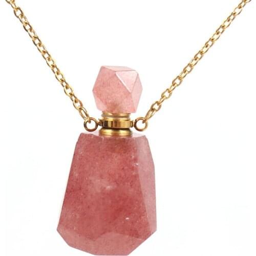 Light Yellow Gold Color Geometric Shape Strawberry Crystal Pendant Perfume Bottle Necklace for Women Jewelry