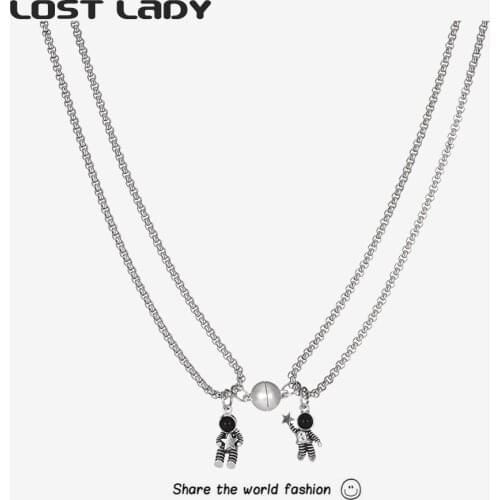 Lost Lady 2Pcs Couple Pendant Necklace Matching Friendship Spaceman Astronaut Magnetic Distance Necklace Valentines Day Jewelry