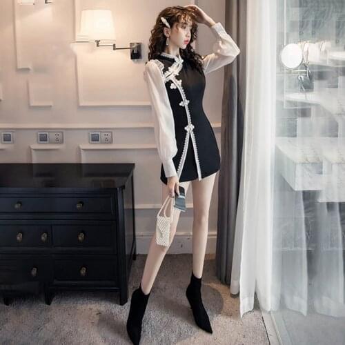 Chinese Dress Woman Black White Qipao Puff Sleeve Cheongsam Suit New 2021 Short Cheongsam Dress Traditional Retro Qipao Dress