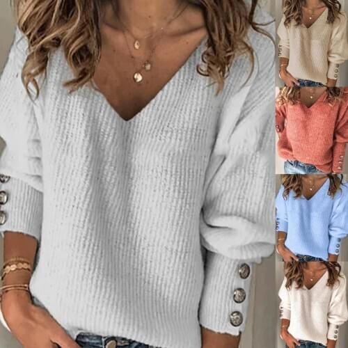 2020 Women Autumn Winter Buttons Cuff Knit Pullover Long Sleeve V Neck Ribbed Sweater Female Elegant Loose Knitted Jumper- S-2XL