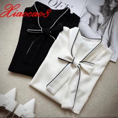 Plus Size Women Chiffon Blouse with Bow 2021 Spring Woman Long Sleeve Elegant Shirts Female Tops Office Lady Clothes Black White