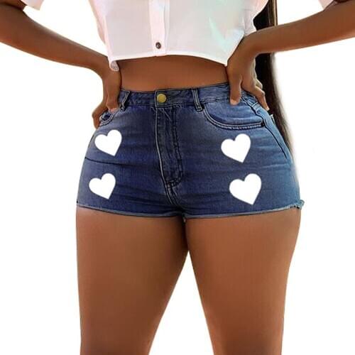 Blue Straight Sexy Skinny Denim Shorts Women 2021 Summer New Love Pattern Jeans Shorts Lady Cotton Mid waist Short Jeans S-3XL