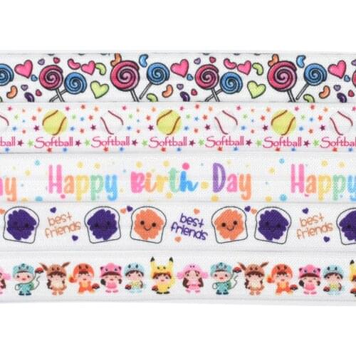 Fold over elastic 5/8 inch 16 MM printed Mixed cartoon pattern on fold over elastic 10Yards Per Roll