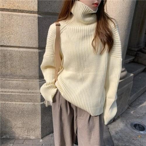 Snordic Women Autumn Winter Turtleneck Beige Oversize Short Sweater Basic Knitted Pullovers Casual Jumpers Full Sleeve
