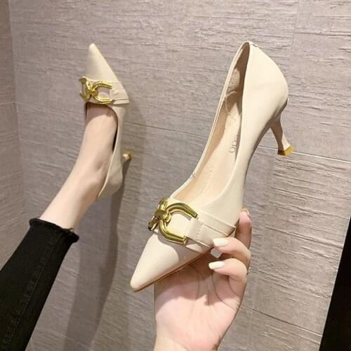 Pointed Toe Women Pumps Metal Chain Shallow Design Thin High Heels Pumps Shoes Office Pumps Work Shoes Woman Size 35-39