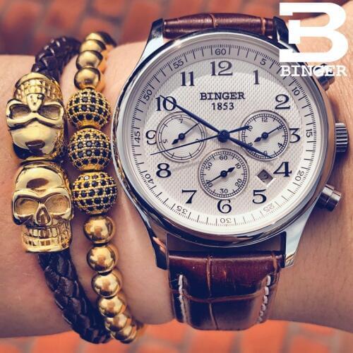 Watches Men Luxury Brand BINGER Automatic Mechanical Watch Waterproof Calendar Leather Wristwatch relogio masculino 2017