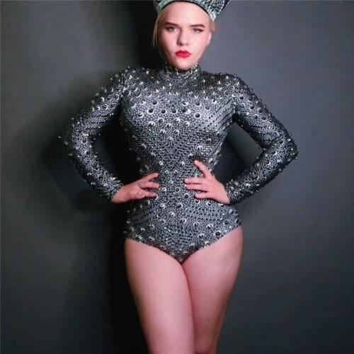 T19 Female black dot crystals elastic tight-fitting bodysuits sexy stretch stage costumes party wear outfit dance cloth dresses