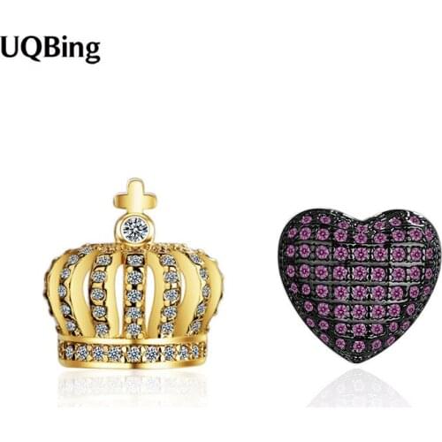 925 Sterling Silver Fashion Asymmetry Heart Crown Crystal Wedding Stud Earrings For Women Wholesale