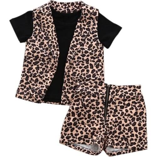 1-6Y Toddler Baby Girl Leopard Clothes Sets Vest Jacket+Short Sleeve Tops T-Shirt+Zipper Shorts Pants Outfits Summer Casual 3PCS