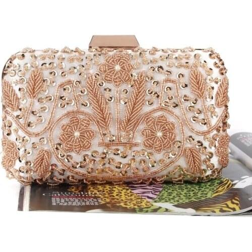 Womens Silver Clutch Evening Bag Elegant Flower Beaded Embroidery Wedding Bridal Purse Party Shoulder Bag