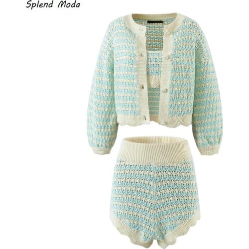 2021 Autumn Knitted Striped Suit O-Neck Single-Breasted Puff Sleeve Cardigan + Elastic Waist Shorts + Slim Top Suspenders Women