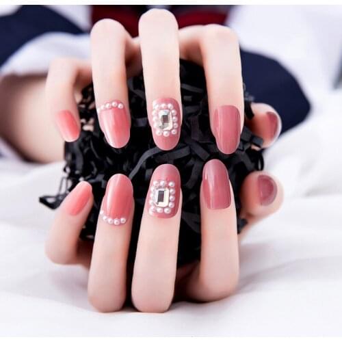 High Quality 24pcs Pearl Nail Patch Rhinestone Inlaid Glue Type Removable Mid Length Paragraph Fashion Manicure False Nail Patch