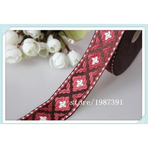 5yards/lot wide 3cm Woven Jacquard Ribbon flowers pattern red background for curtain and clothing accessory LS-9229