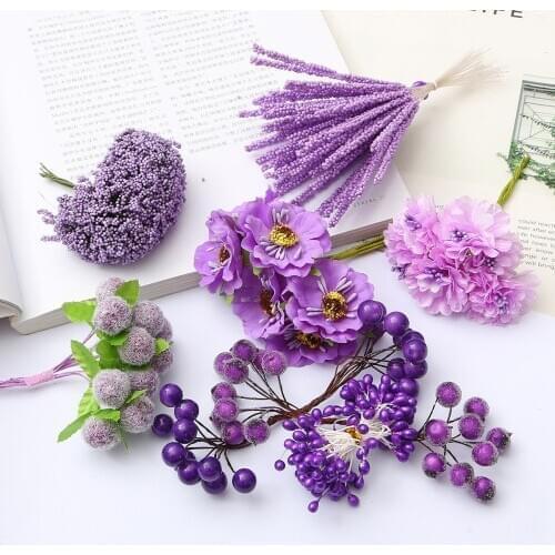 6/10/12/50/60/70/90 pcs Purple Flower Cherry Stamen Berries Bundle DIY Christmas Wedding Cake Gift Box Wreaths Decor