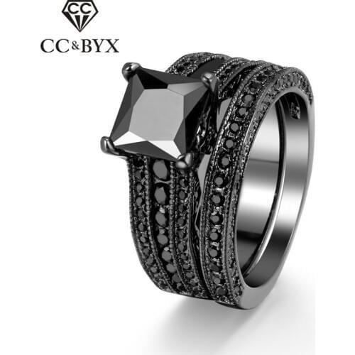 CC Jewelry Rings For Women Fashion Jewelry Unique Double Square Stone Black Gold Color Party Ring Chic Accessories Bijoux CC1210