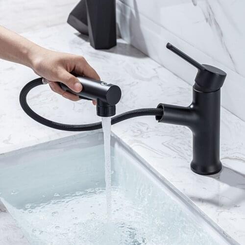 Bathroom Black Basin Faucet Single Handle Pull Out Spray Sink Tap Hot And Cold Water Crane Deck Mount Faucets