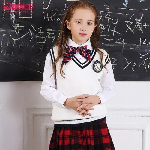 Childrens clothes girls sweater vest set of head outfit 2016 children new cotton knit high quality female child vest uniform