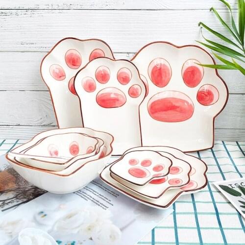 Kawaii Cat Claw Ceramic Dinner Plate Gold Edge Porcelain Dessert Tray Salad Bowl Girls Snack Dishes Plate Ceramics Tableware