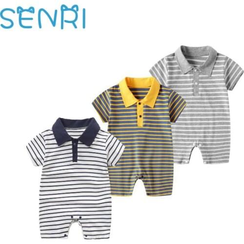 Summer Newborn Baby Boys Romper Turn-down Collar Short-Sleeve Infant Outfits Striped Jumpsuit Soft Breathable Rompers For 0-12M