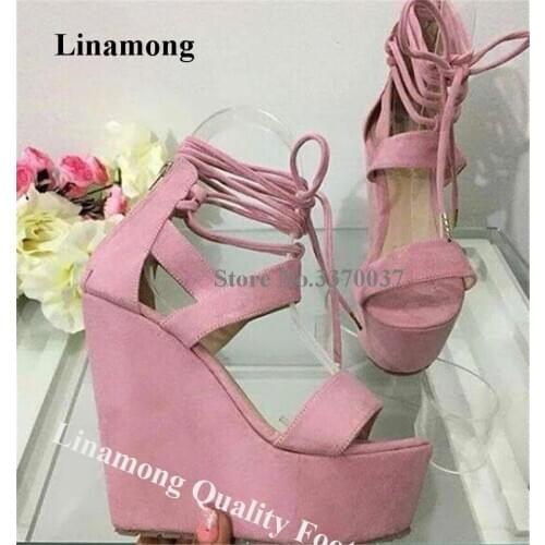 Linamong Girls Elegant Open Toe High Platform Wedge Sandals Pink Suede Ankle Straps Cross Height Increased Wedges Dress Heels