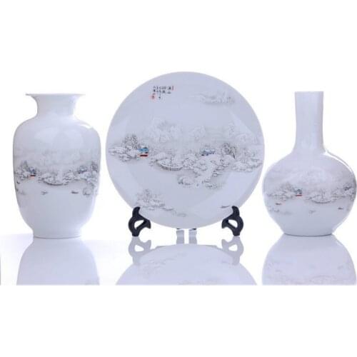 3pcs/set Traditional Chinese Ceramic Flower Vases & Decoration Plate Set Home Decor Porcelain Ornament For Birthday Gifts