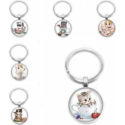 2019 New Cute Pet Cat Key Ring Children Birthday Gift Key Ring 25mm Glass Convex Round Key Ring Children Gift Jewelry