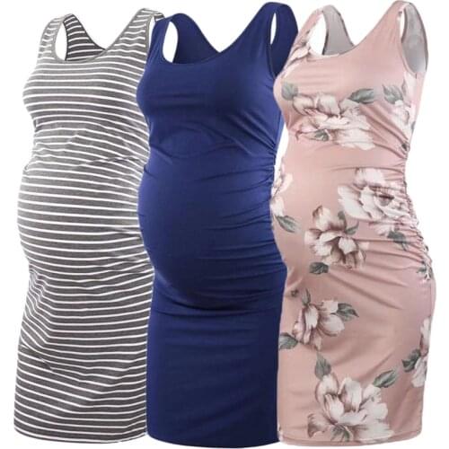 NEW 3pcs set round neck sleeveless maternity dress pregnancy clothes dress Flattering Side Ruching Scoop Neck Pregnant Womens