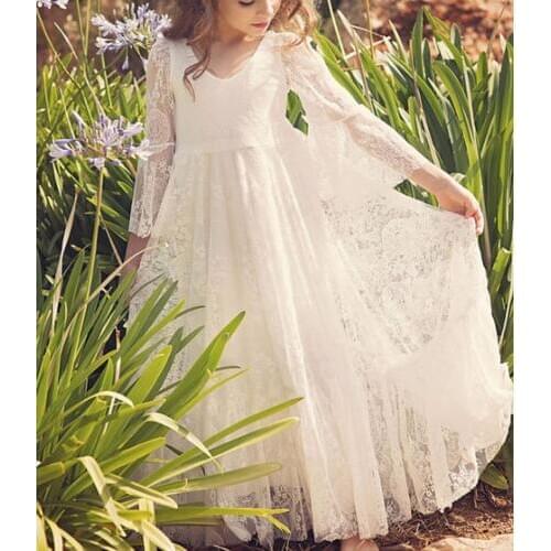 Ivory 3/4 Long Sleeves Lace Flower Girl Dress Scoop Kids Long Skirt For Wedding Party Prom Evening Gowns First Communion Dresses