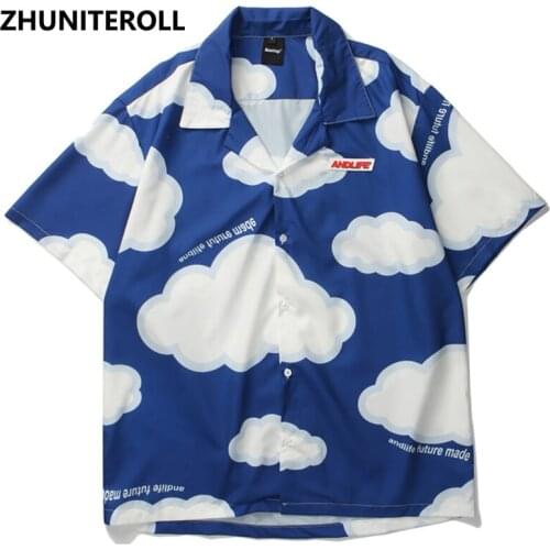 Harajuku White Cloud Print Shirt 2021 Men Hip Hop Streetwear Casual Shirt Man Fashion Summer Short Sleeve Hawaiian Shirts Tops