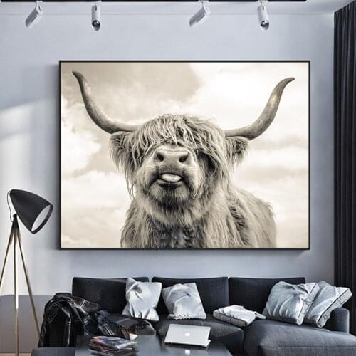 Nordic Highland Cow Wall Art Posters And Prints Black And White Animals Canvas Art Pictures Animals Paintings On the Wall Decor