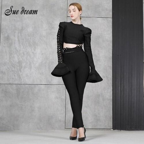 High Quality Sexy O-neck Hollow Lace Sleeve Top and Pencil Pants Ladies 2 Piece Bandage Set Elegant Celebrity Club Party Set