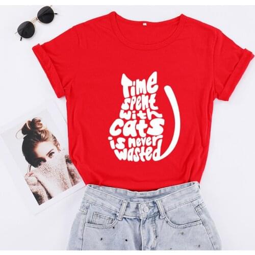 Time Spent with Cats Is Never Wasted Print Fashion Leisure Creative Letters Tshirt Top Tees 100% Cotton T-Shirts Women O-neck
