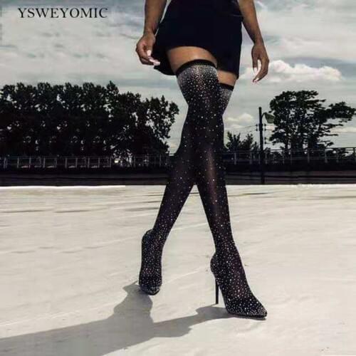 2021 New Style Bling Crystal Boot Over The Knee Slim Fit Long Boots Glittering Thin High Heel Thigh High Boots Party Shoes