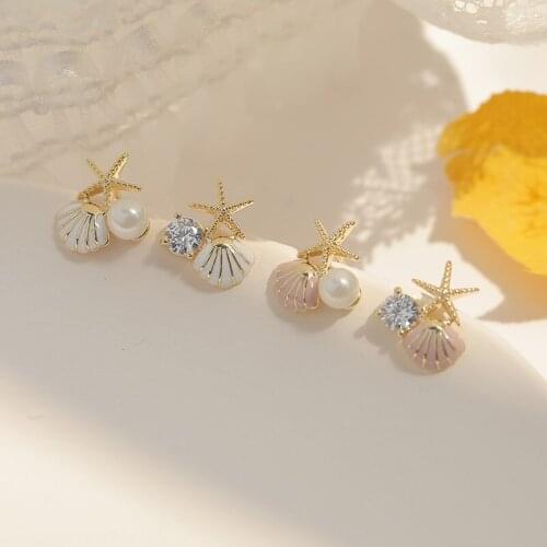 925 Silver Starfish Shell Pearl Stud Earrings Design Simple and Personalized Small Sweet Womens Earrings
