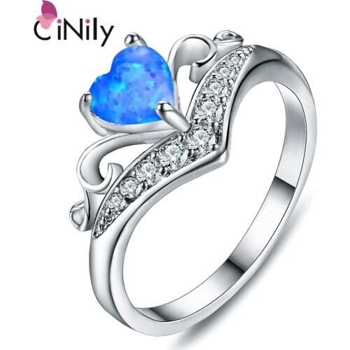 CiNily Blue & White Fire Opal Zircon Heart Silver Plated Women Jewelry Ring Wedding Jewelry Gift Size 5-10