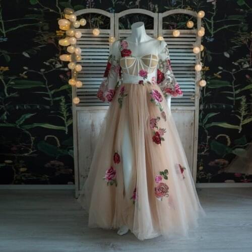 Pretty Flower Prom Dress 2021 V-Neck Puff Long Sleeves Appliques Split Tulle A-Line Women Evening Party Homecoming Elegant Gowns