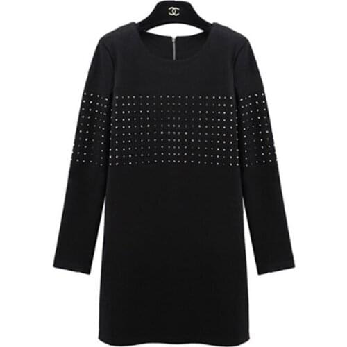 2021 Fashion Brand Black Round Neck Rhinestone T-shirt Women Spring And Autumn Elegant And Thin Full-sleeve Knee-length Dress