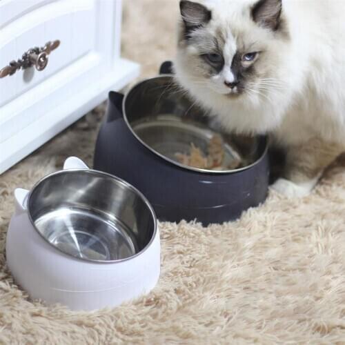 1PCS Stainless Steel Pet Bowl Creative Tilting Neck Protection Non-slip Pet Food Bowl Cat Bowl Cats Food Drink Water Feeder