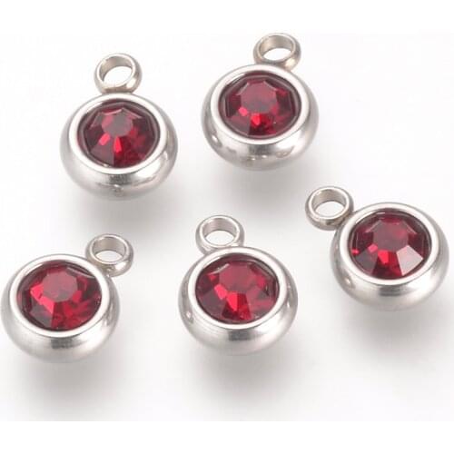 10pcs 303 Stainless Steel Rhinestone Charms Flat Round Crystal Pendants For DIY Jewelry Making 8.5x6x3mm, Hole: 1.5mm