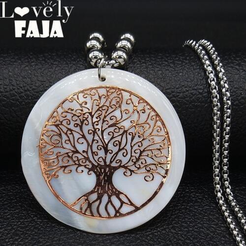 2021 Tree of Life Stainless Steel Shell Necklaces for Women Rosd Color Big Long Statement Necklace Jewelry cadenas mujer N19207