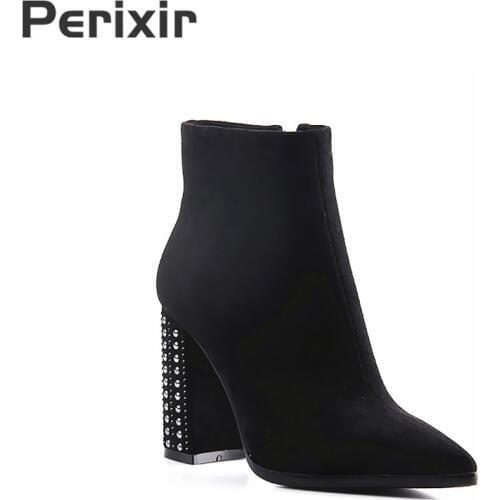 Perixir Black Suede Ankle Boot High Heel Short Plush Black Boots Solid Zip with Rivets Autumn Winter Faux Suede Sexy Ladies Shoe