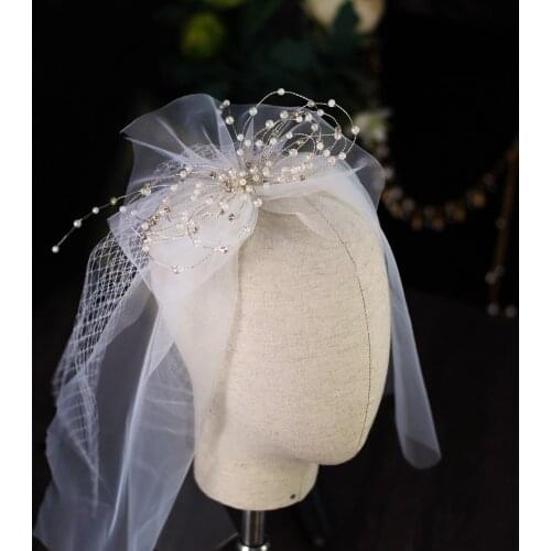 Simple Blusher Short Bridal Veil Mesh Beading Bow Headdress for Wedding Party Travel Photo Daily Life V663