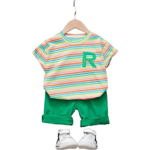 New Summer Children Out Clothes Baby Boys Girls Striped O-Neck T-Shirt+green Shorts 2Pcs/sets Infant Fashion Toddler Tracksuit