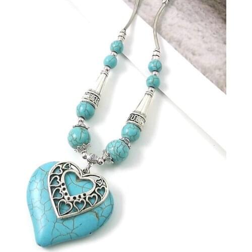 FYSL Silver Plated Love Heart Green Turquoises Stone Pendant Link Chain Necklace Romantic Style Jewelry